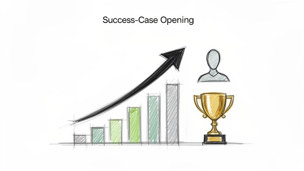 Gráfico de barras mostrando crescimento e uma seta para cima, um contorno de pessoa e um troféu dourado, simbolizando sucesso.