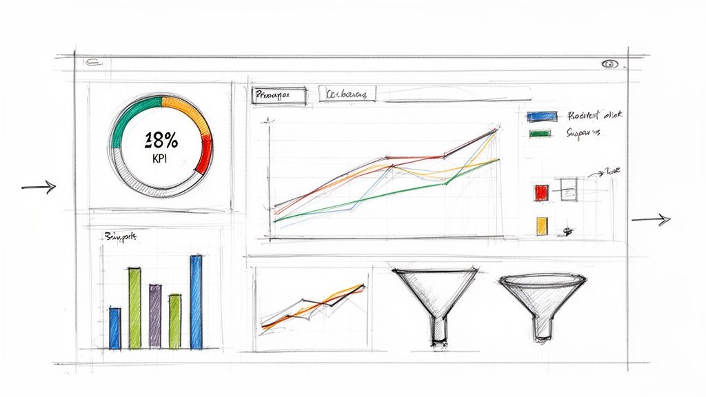 Esboço de um painel de controle desenhado à mão com gráficos de KPI, linha, barra e funil.