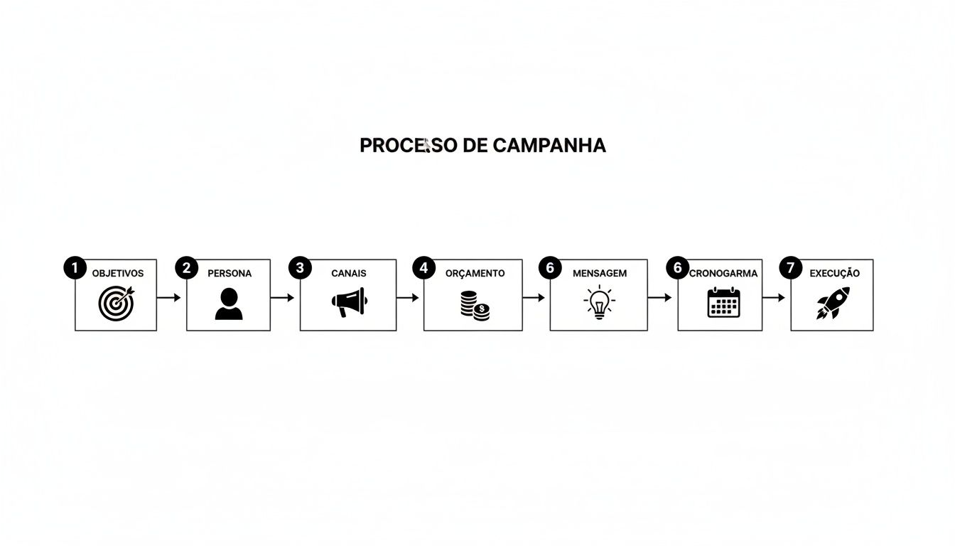 Um infográfico detalhado do processo de campanha de marketing, mostrando sete etapas sequenciais.