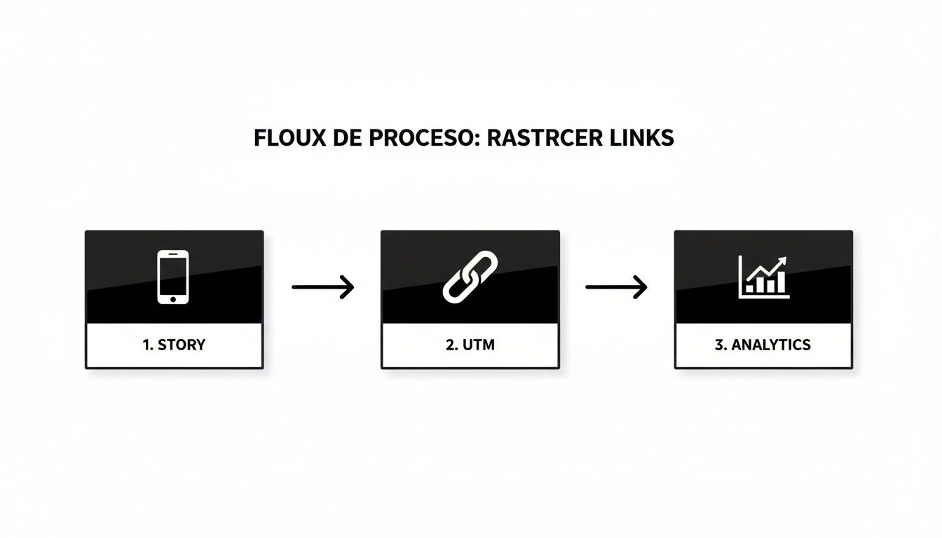 Fluxo de processo para rastrear links: story, UTM e analytics, mostrando os passos para monitorar links em redes sociais.