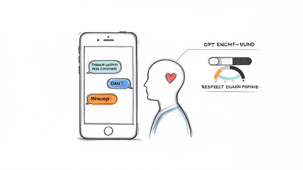 Um smartphone com mensagens de chat e um perfil de cabeça humana com coração, representando interação e emoções.