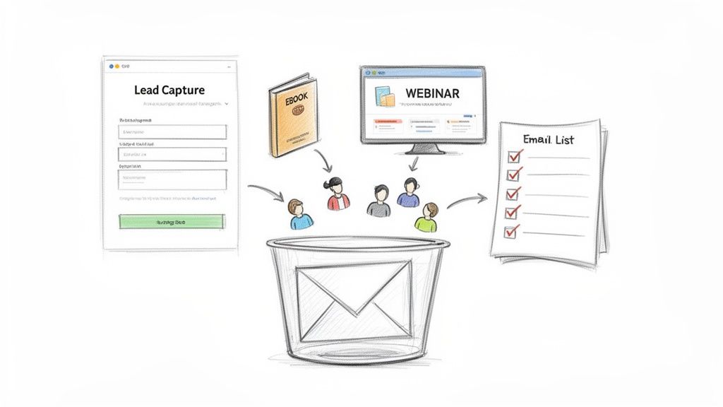 Diagrama visual de como formulários de captura de leads, ebooks e webinars contribuem para a construção de uma lista de e-mails.