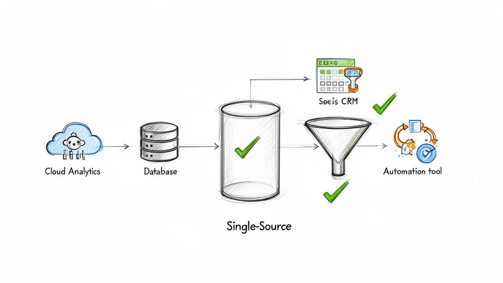 Fluxo de dados detalhado, mostrando análise na nuvem, banco de dados, fonte única, CRM e ferramenta de automação.