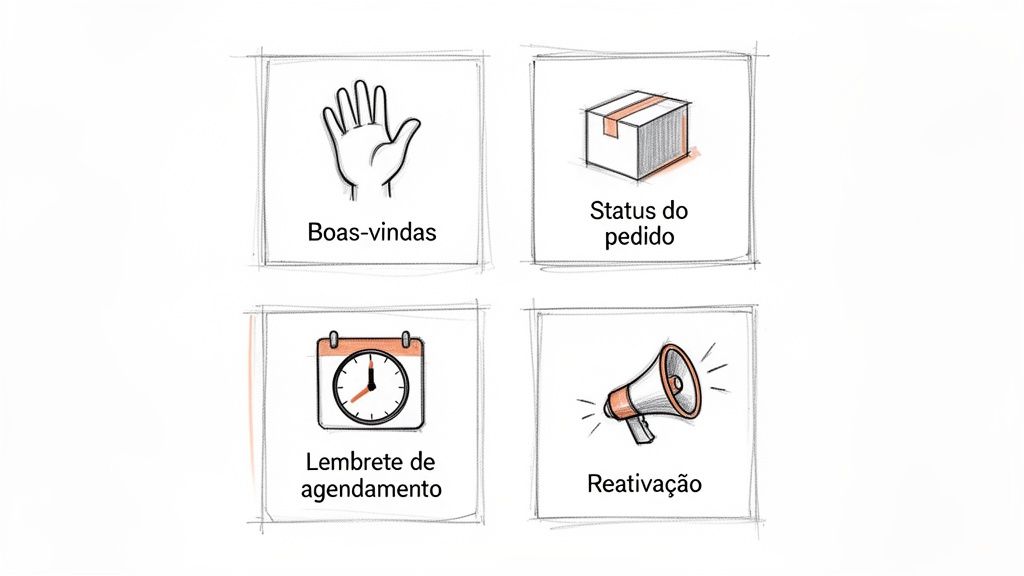 Quatro ícones representando tipos de mensagens automáticas: boas-vindas, status do pedido, lembrete de agendamento e reativação.