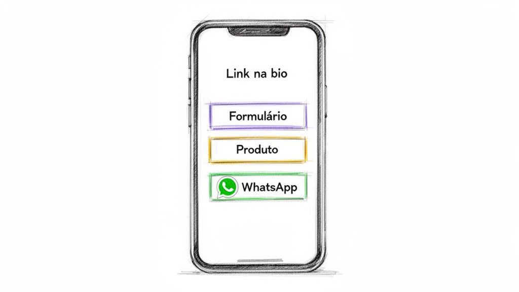 Desenho de um celular mostrando uma tela de 'Link na bio' com botões para Formulário, Produto e WhatsApp, simulando links de perfil.