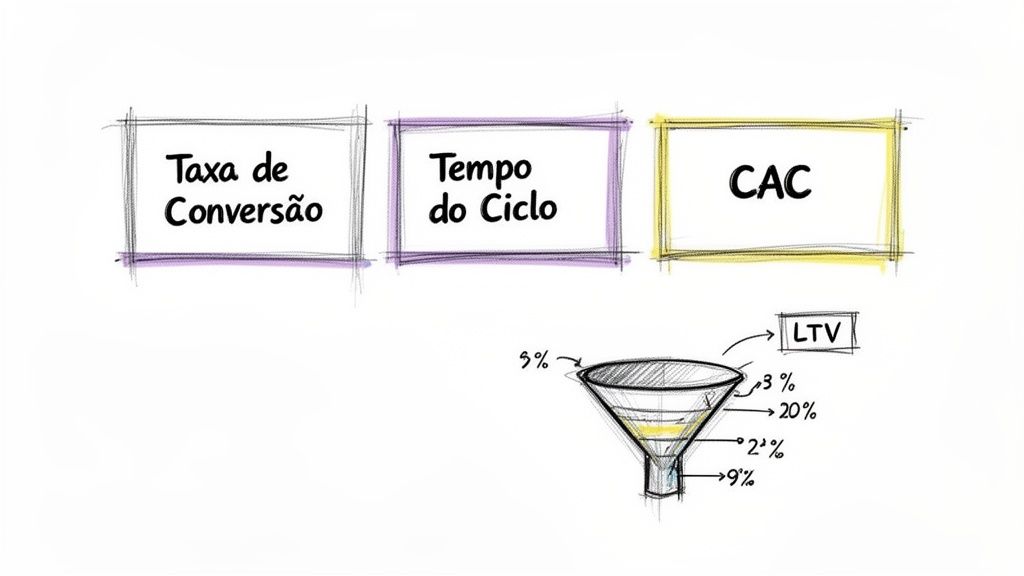 Diagrama com métricas de negócio: Taxa de Conversão, Tempo do Ciclo, CAC e funil de vendas com LTV.