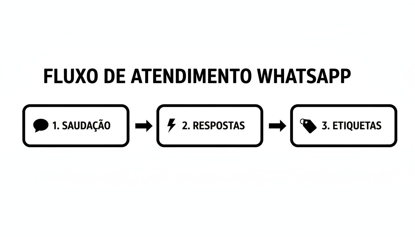 Fluxograma do processo de atendimento no WhatsApp Business, detalhando saudação, respostas e etiquetas para organização.
