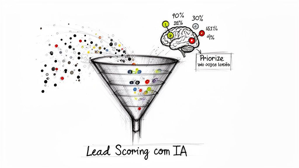 Ilustração de funil de vendas com leads coloridos, mostrando pontuação de leads e priorização por inteligência artificial.