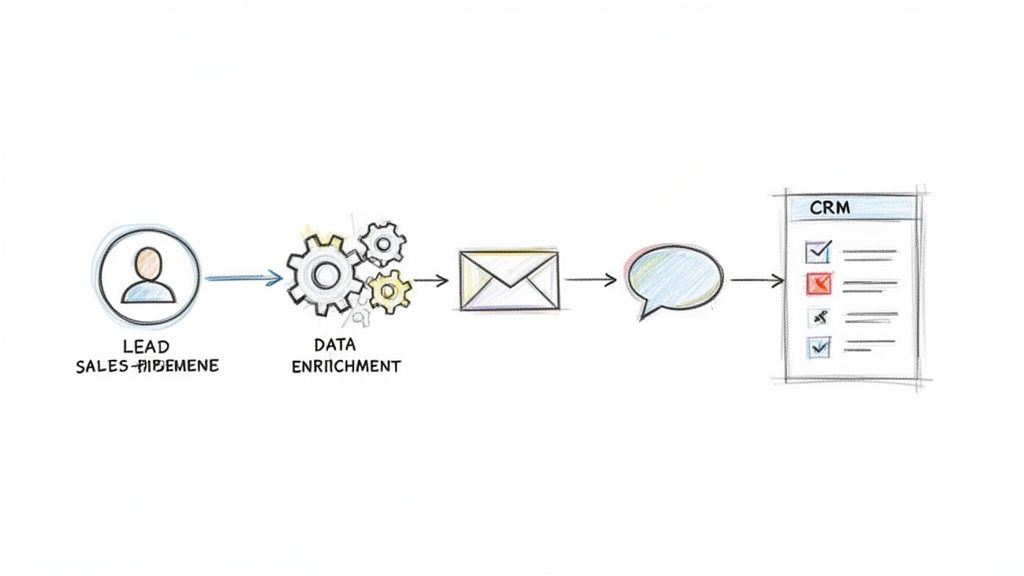 Diagrama ilustrando o fluxo de processamento de leads, desde o lead de vendas até o enriquecimento de dados e integração com o CRM.