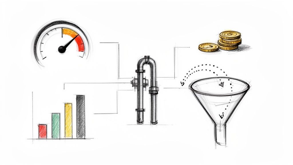 Ilustração de um pipeline conectando medidor de desempenho, gráfico de barras, moedas e funil de vendas, simbolizando crescimento e lucro.