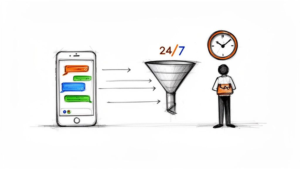 Ilustração de mensagens de celular sendo filtradas 24 horas por dia, 7 dias por semana, para chegar a um atendente.