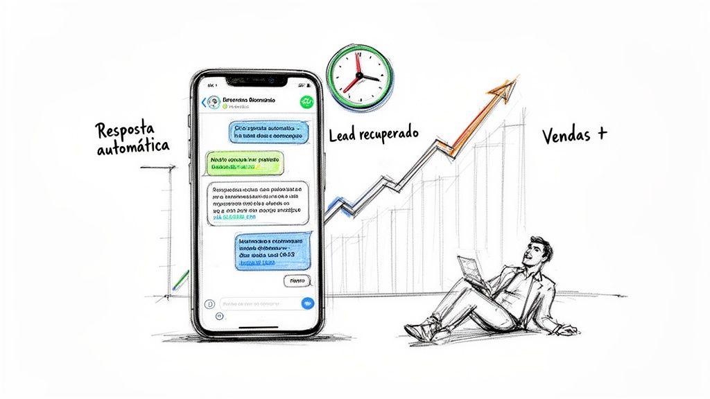 Ilustração de celular com mensagens automáticas, relógio, gráfico de vendas crescentes e pessoa com laptop.