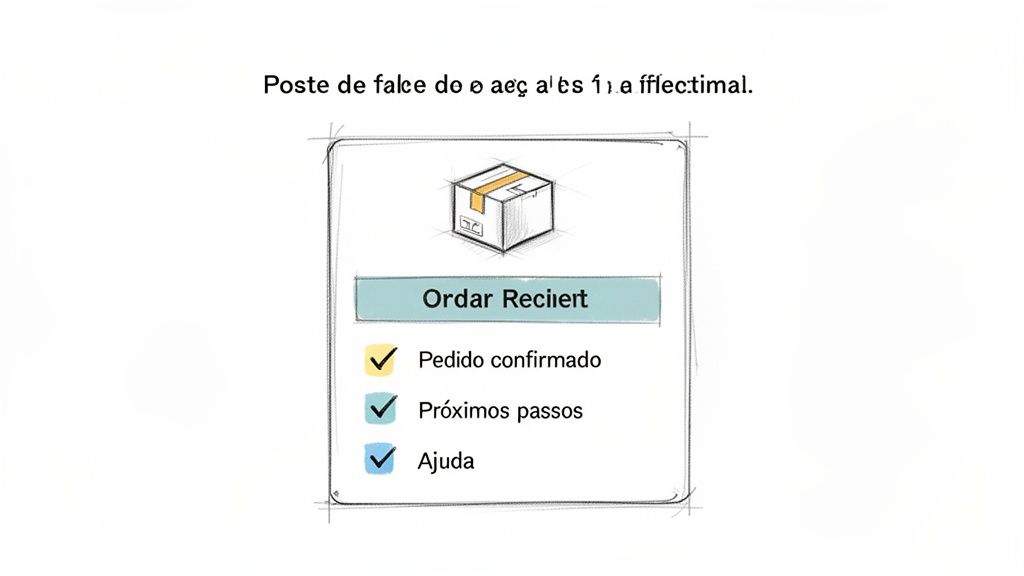 Tela de aplicativo ou rascunho de interface móvel exibindo o status de um pedido, com ícone de pacote e lista de verificação.