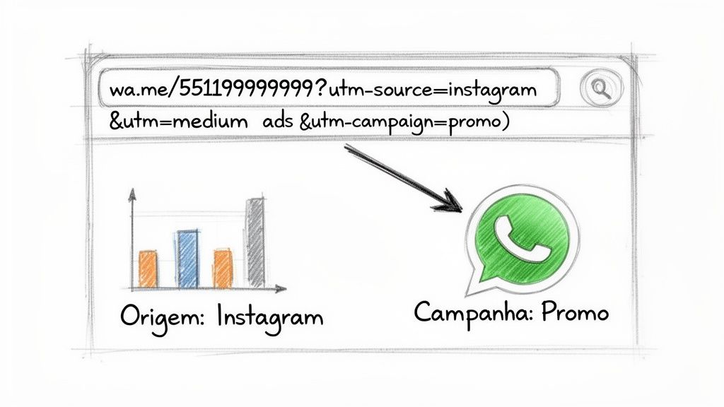 Ilustração de um link do WhatsApp com parâmetros UTM mostrando a origem Instagram e a campanha Promo.