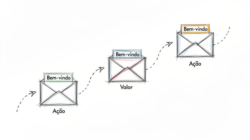 Fluxo de emails em marketing digital, mostrando envelopes com mensagens de boas-vindas, valor e ação.