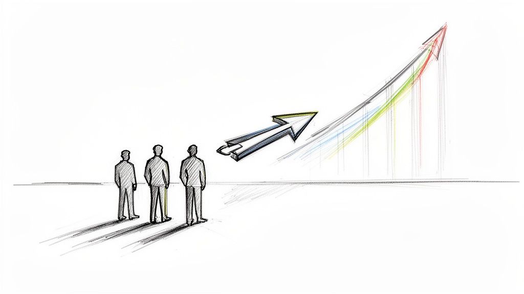Desenho de pessoas observando uma flecha apontando para cima, simbolizando crescimento empresarial e planejamento.
