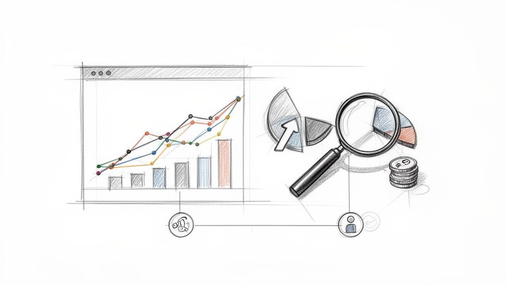 Esboços de gráficos de análise de dados, como linhas e barras, com uma lupa, setor crescente e moedas. Representa estratégia de marketing digital.