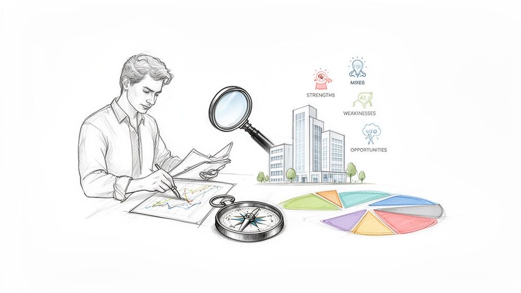 Ilustração de um homem analisando dados, com ícones de forças e fraquezas, e um prédio, representando estratégia empresarial.