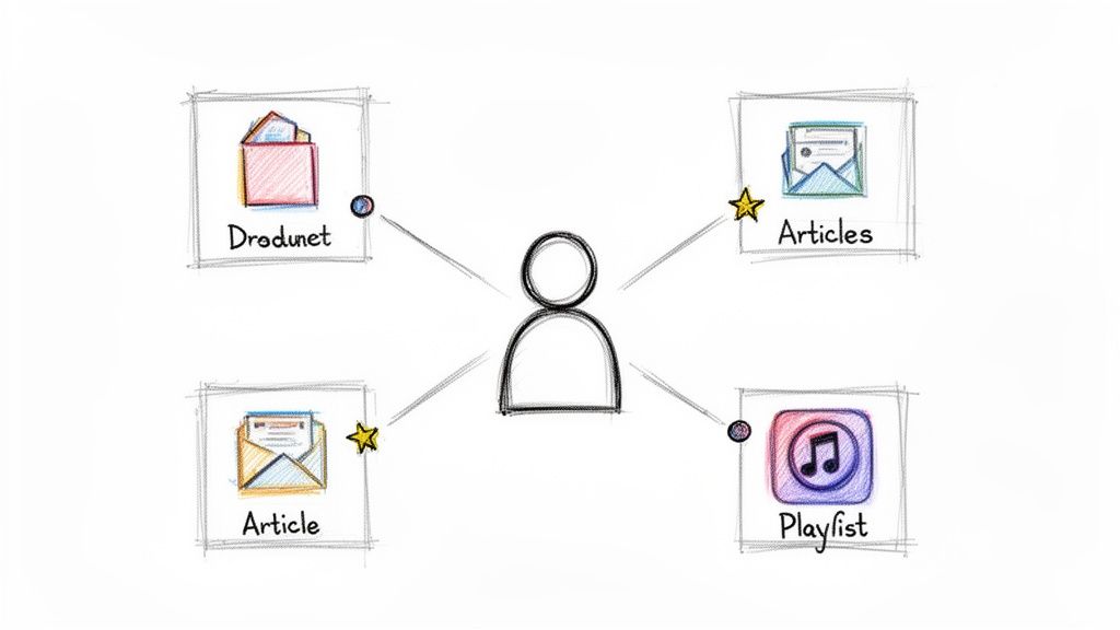 Diagrama mostrando um usuário central conectado a diferentes tipos de conteúdo, como produtos, artigos e playlists, com marcadores coloridos.