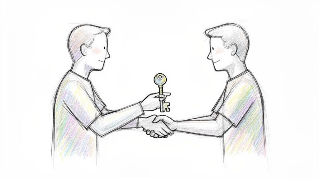 Duas pessoas apertam as mãos enquanto uma oferece uma chave dourada, simbolizando parceria e confiança.