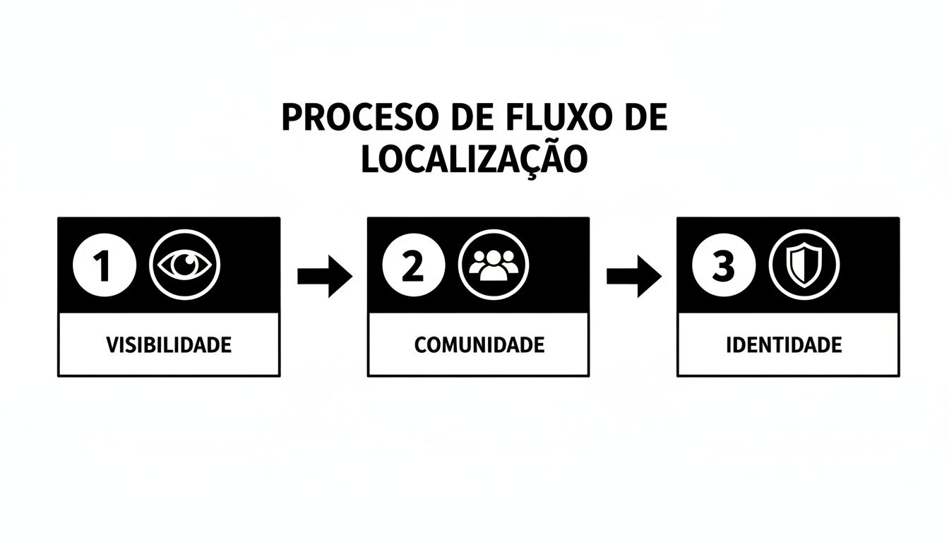 Diagrama do processo de fluxo de localização com três etapas: visibilidade, comunidade e identidade.