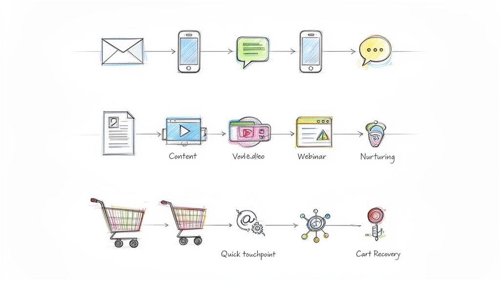 Representação visual de três fluxos de cadência de marketing: comunicação, nutrição de leads e recuperação de carrinho.