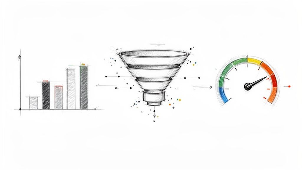 Ilustração desenhada à mão mostrando um gráfico de barras, um funil de múltiplas etapas e um medidor de desempenho, representando o fluxo de um pipeline.