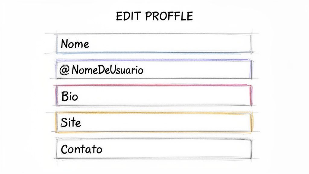 Tela de edição de perfil com campos para nome, usuário, bio, site e contato, em português.