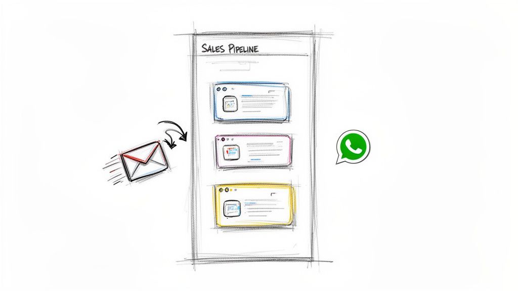 Representação visual de um pipeline de vendas em um dispositivo móvel, integrando comunicação por email e WhatsApp.