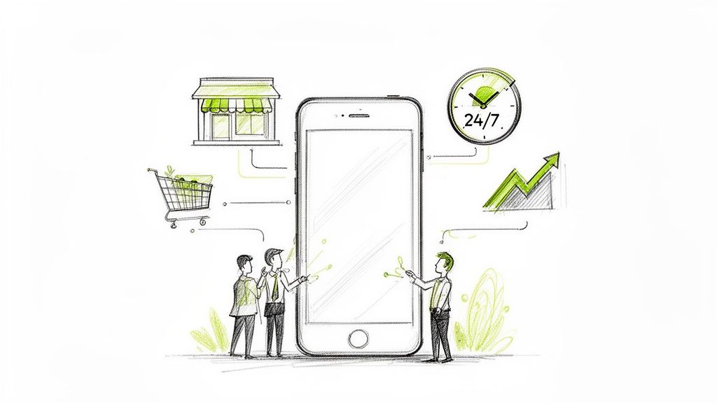 Ilustração de um smartphone com ícones de loja, carrinho de compras, relógio 24/7 e gráfico de lucros, com três pessoas.