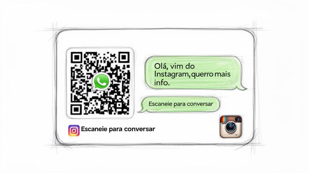 QR code do WhatsApp com mensagem de Instagram, convidando a escanear para conversar sobre informações.