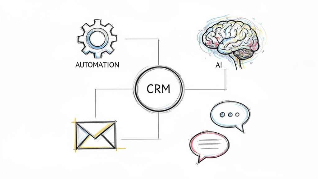 Um diagrama de CRM mostrando suas conexões e funcionalidades com automação, inteligência artificial, e-mail e comunicação.