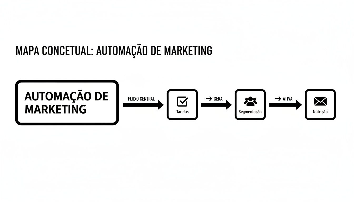 Mapa conceitual sobre automação de marketing, mostrando o fluxo central de tarefas, segmentação e nutrição.