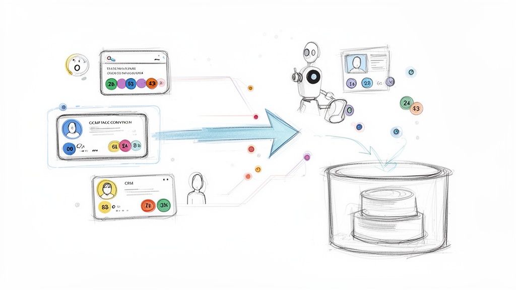 Diagrama ilustra coleta e processamento de dados de diversas fontes por inteligência artificial para gestão de leads.