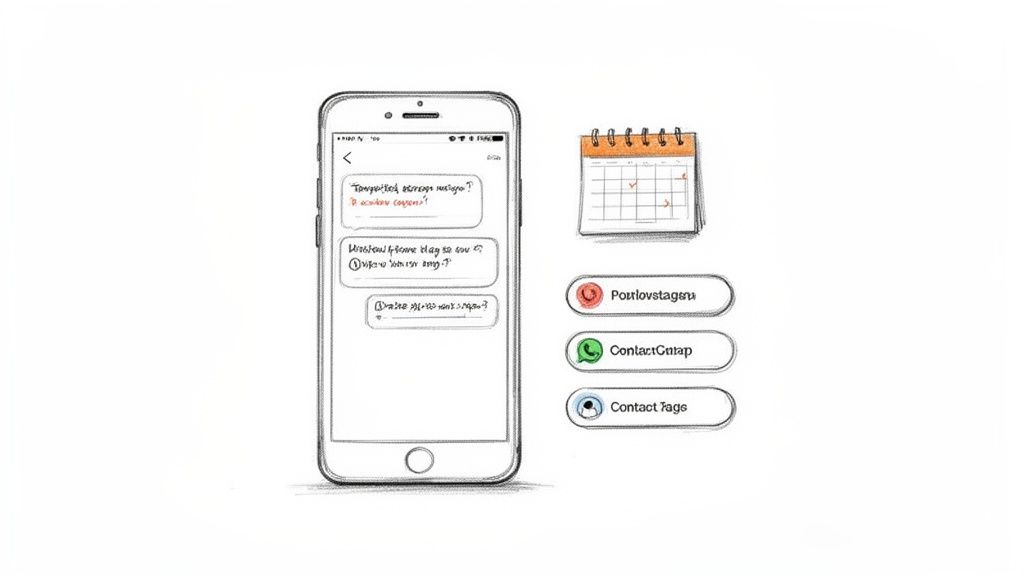 Esboço de um smartphone exibindo mensagens, um calendário e botões para gerenciar contatos e agendamentos.