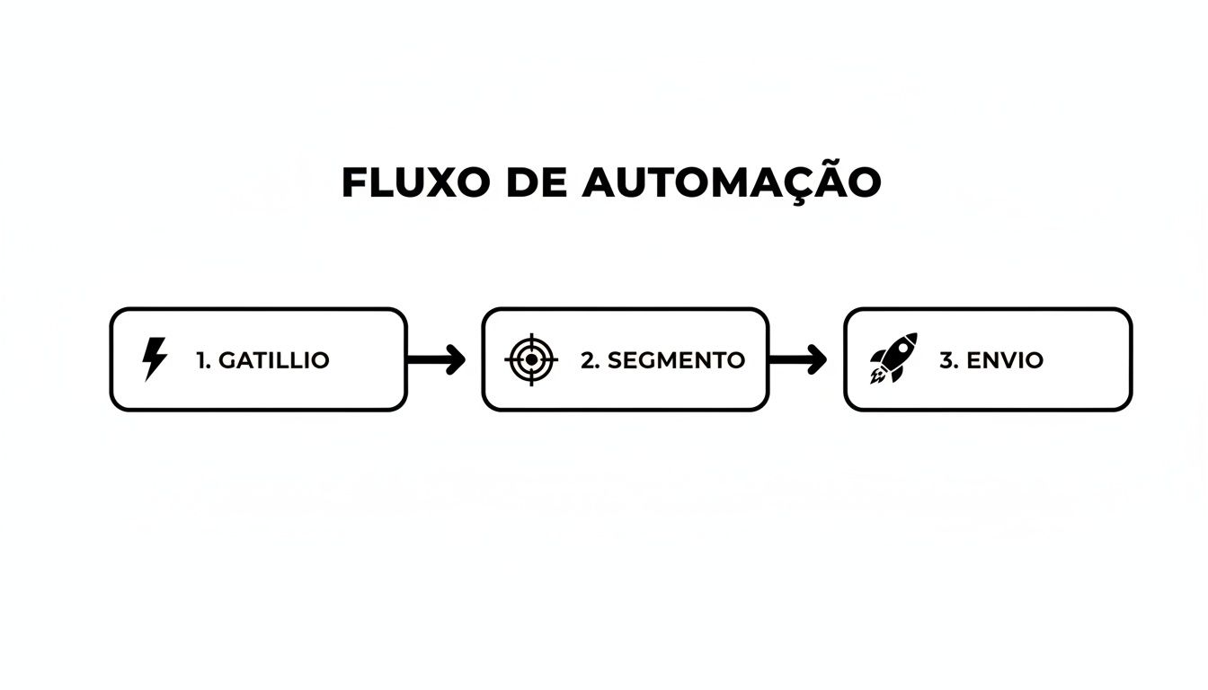 Diagrama de fluxo de automação mostrando três etapas sequenciais: gatilho, segmento e envio.