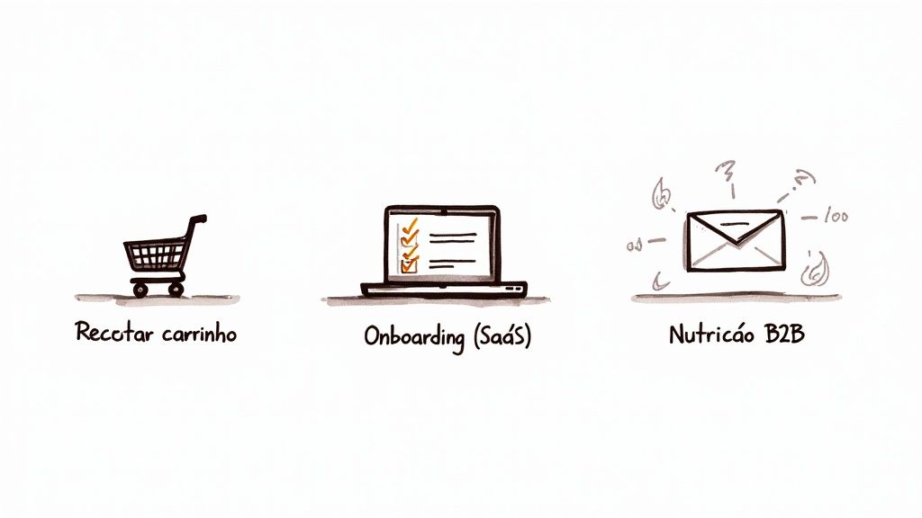 Ilustração de três conceitos de automação de marketing: recuperar carrinho, onboarding SaaS e nutrição B2B.