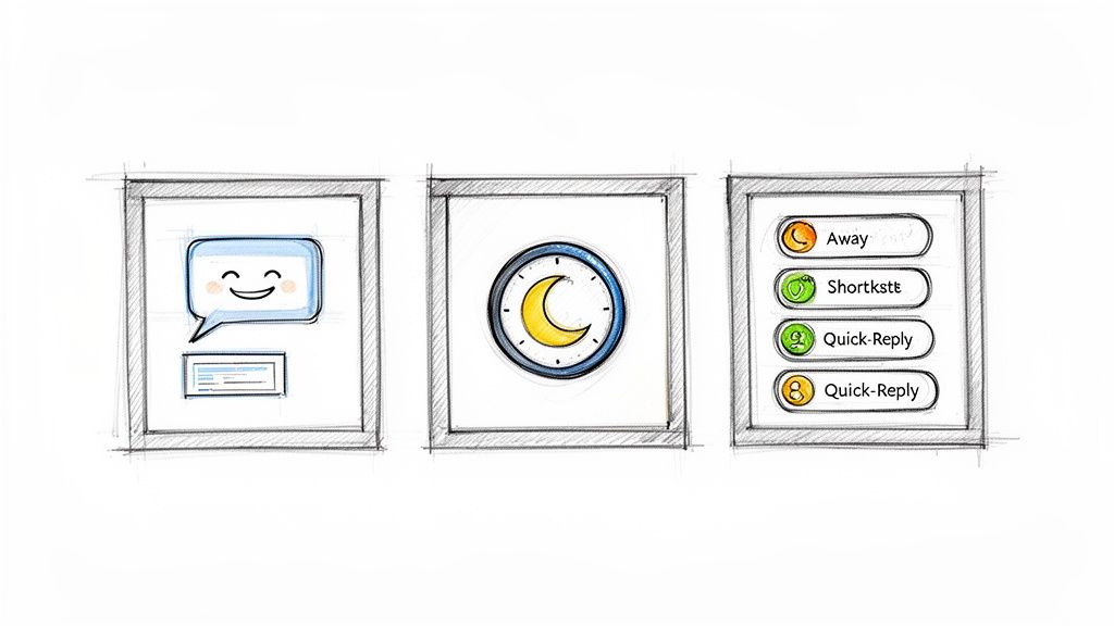 Esboços de interface para funcionalidades de mensagem: balão de fala com rosto sorridente, modo noturno e opções de resposta rápida.