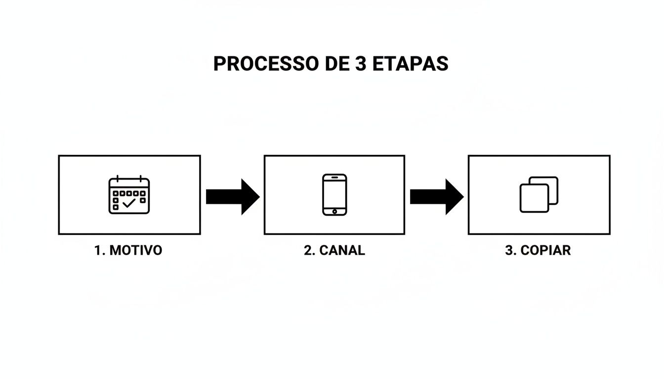 Fluxograma simples de 3 etapas mostrando motivo (calendário), canal (celular) e copiar (documentos).