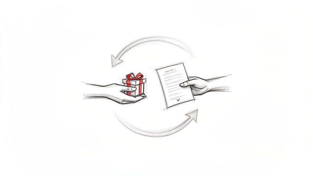 Desenho de duas mãos trocando um presente por um documento, com setas circulares indicando uma troca.