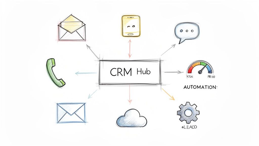 Diagrama mostrando um CRM Hub centralizando interações de e-mail, telefone, celular, chat, automação e nuvem.