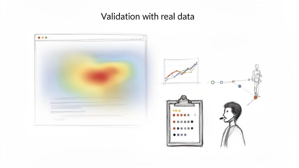 Visualização de dados para validação, incluindo heatmap, gráficos, avaliações de usuários e interações.