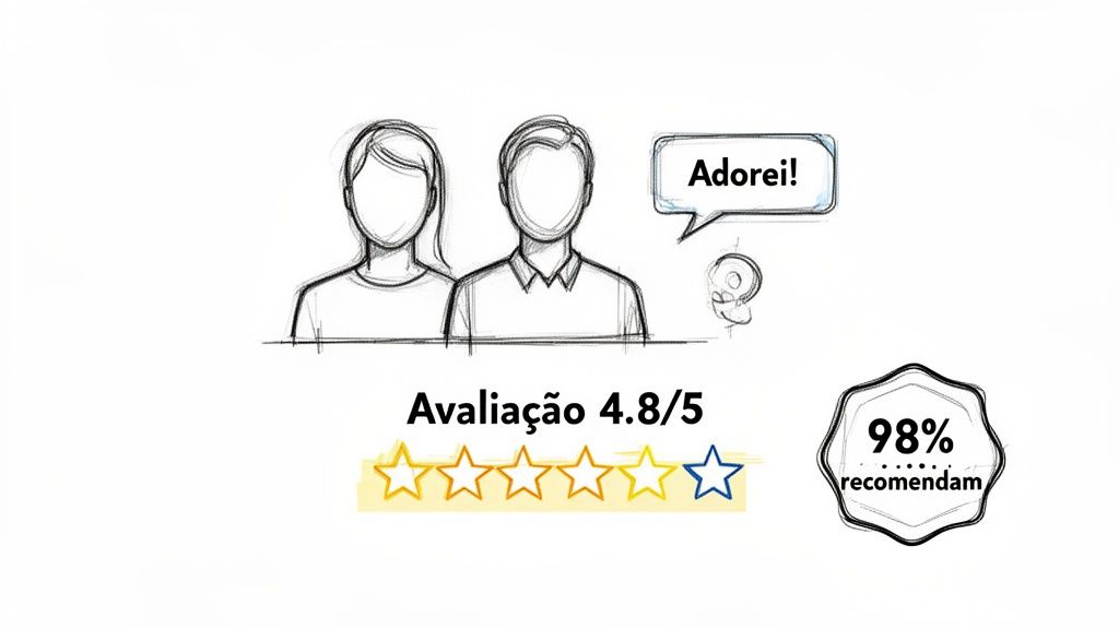 Ilustração de clientes satisfeitos com avaliação 4.8/5 estrelas e 98% de recomendação do produto.