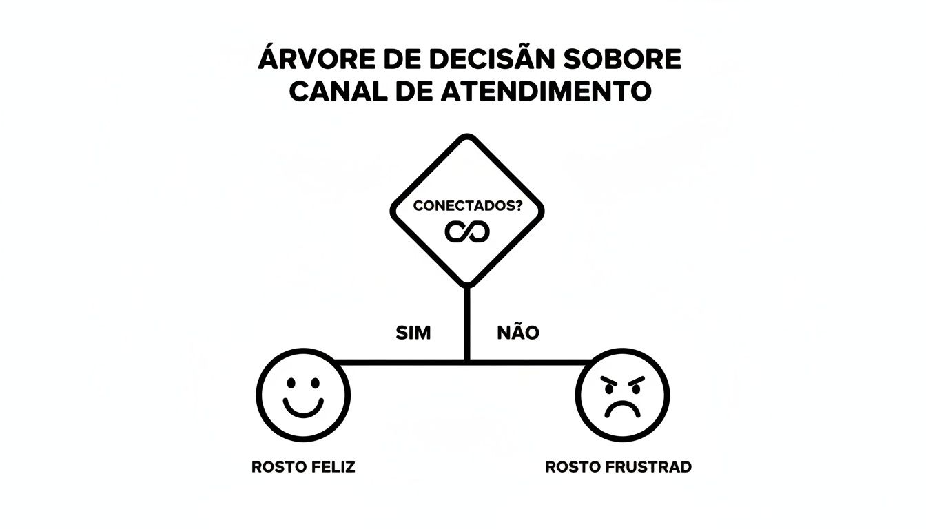 Árvore de decisão sobre canal de atendimento. Conectado resulta em rosto feliz, não conectado em rosto frustrado.