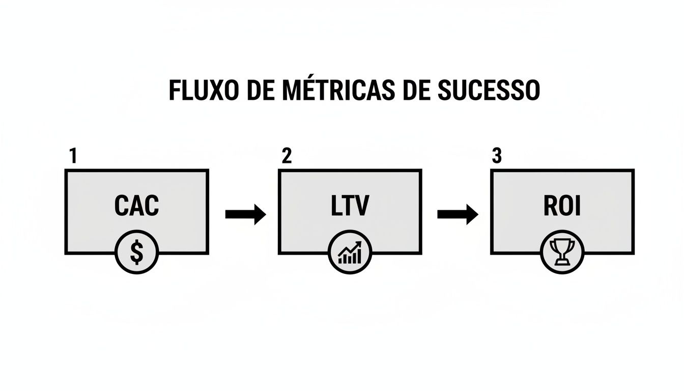 Fluxo de métricas de sucesso em marketing: CAC, LTV e ROI, com ícones de dinheiro, gráfico e troféu.
