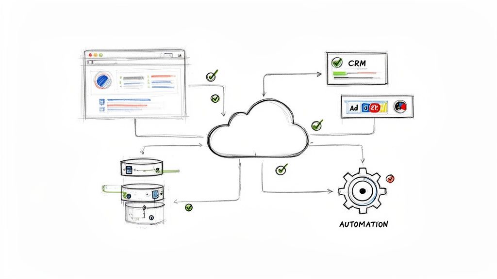 Diagrama de fluxo de trabalho mostrando navegador, bancos de dados, nuvem, CRM, plataformas de anúncios e automação interconectados.
