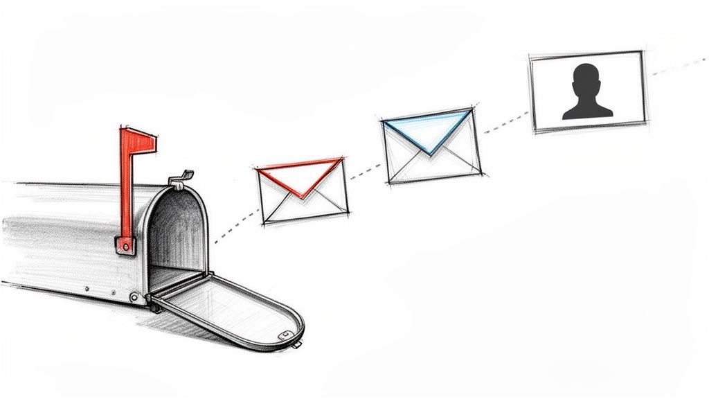 Caixa de correio com bandeira levantada, envelopes voando e ícone de pessoa, representando envio de e-mail.