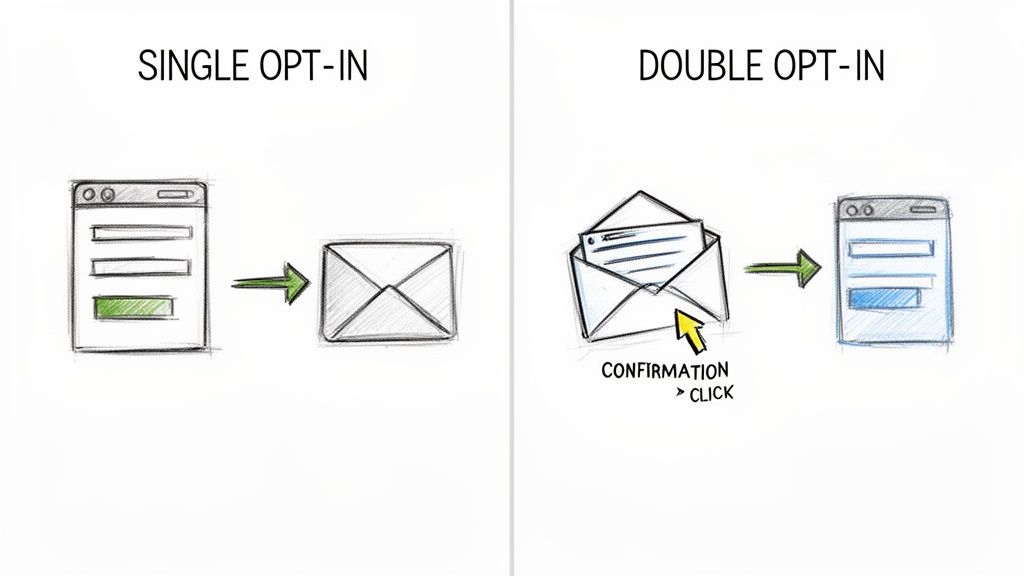 Ilustração mostrando a diferença entre o processo de single opt-in e double opt-in para inscrição em listas de e-mail.
