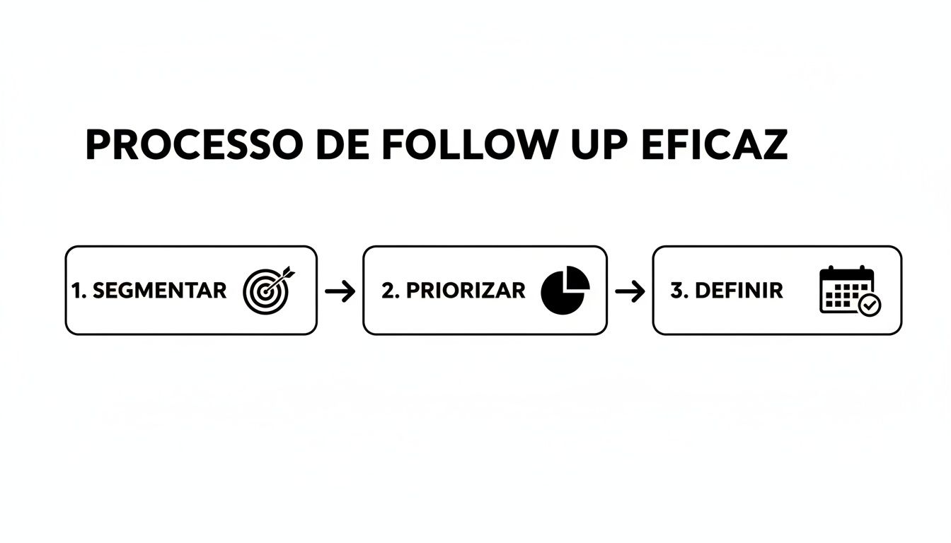 Diagrama de fluxo mostrando um processo de follow-up eficaz em três passos: segmentar, priorizar e definir.