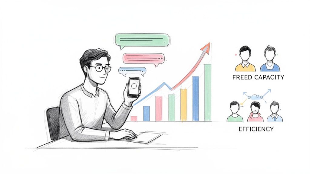 Homem usando smartphone com balões de conversa, mostrando crescimento de negócios e eficiência.